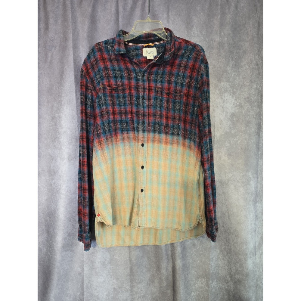 Men's KOTO Red Gradient Ombre PlaidCotton Flannel Shirt Bleached Dip Dye Sz L